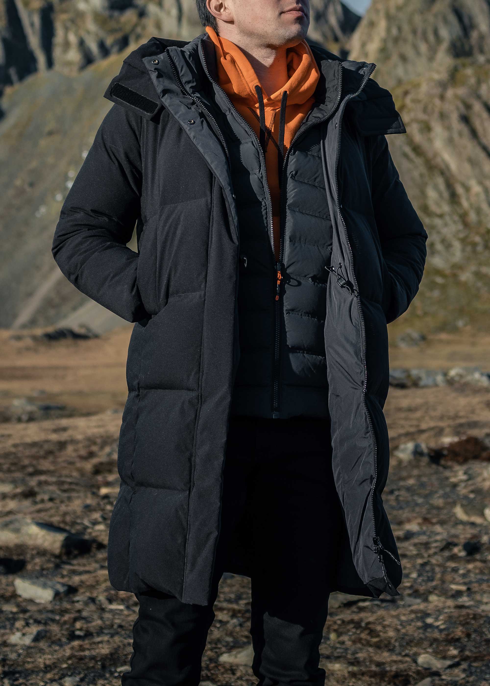 PE/STRETCH TWILL OVERSIZED TECH HOODED COAT WITH FUNCTIONAL